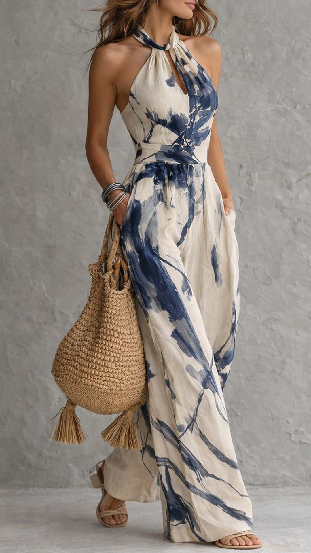 Women's Ink Print Halter Neck Wide-Leg Jumpsuit - Nordfashionstorm - Women's Clothing, Fashion for You - Nordfashionstorm.com