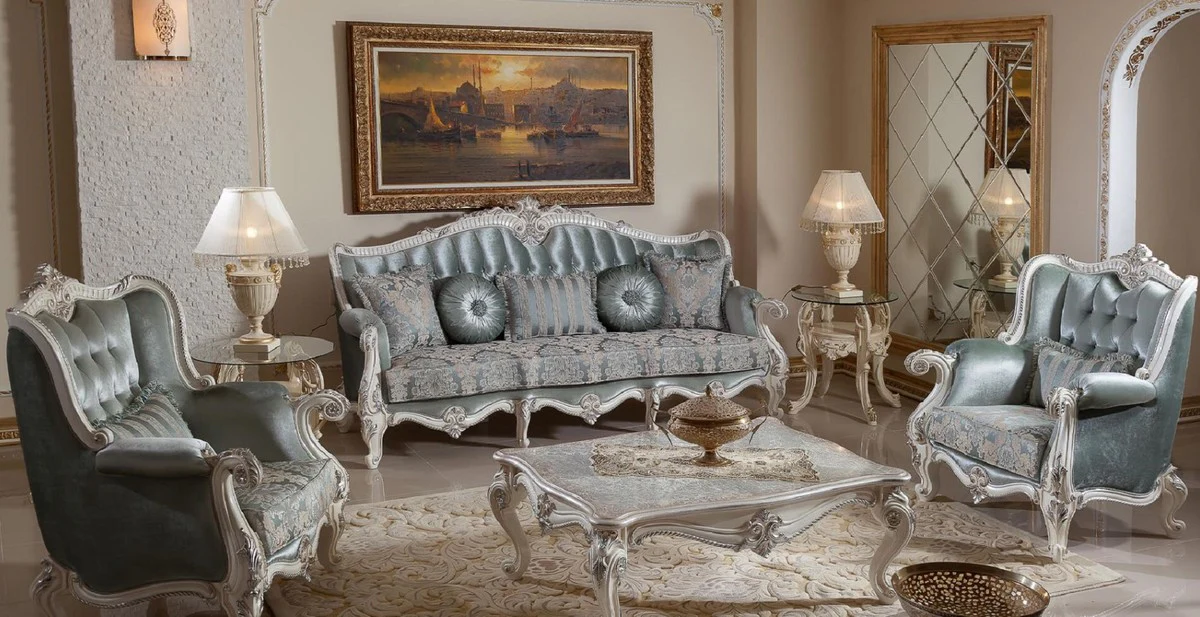 Luxury Baroque Living Room Furniture Set Green/White/Silver