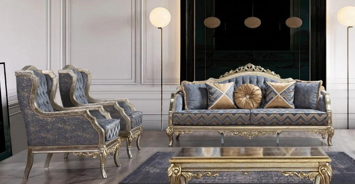 Luxury Baroque Living Room Set Blue / Silver / Gold - 2 Baroque Sofas with Pattern & 2 Baroque Armchairs with Pattern & 1 Baroque Coffee Table - Baroque Living Room Furniture