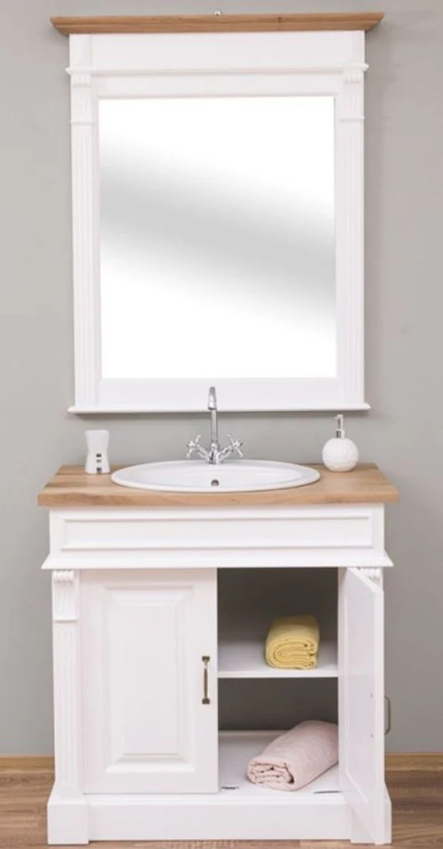 Country house style bathroom set white / natural colors - 1 washbasin & 1 wall mirror - solid wood bathroom furniture in country house style