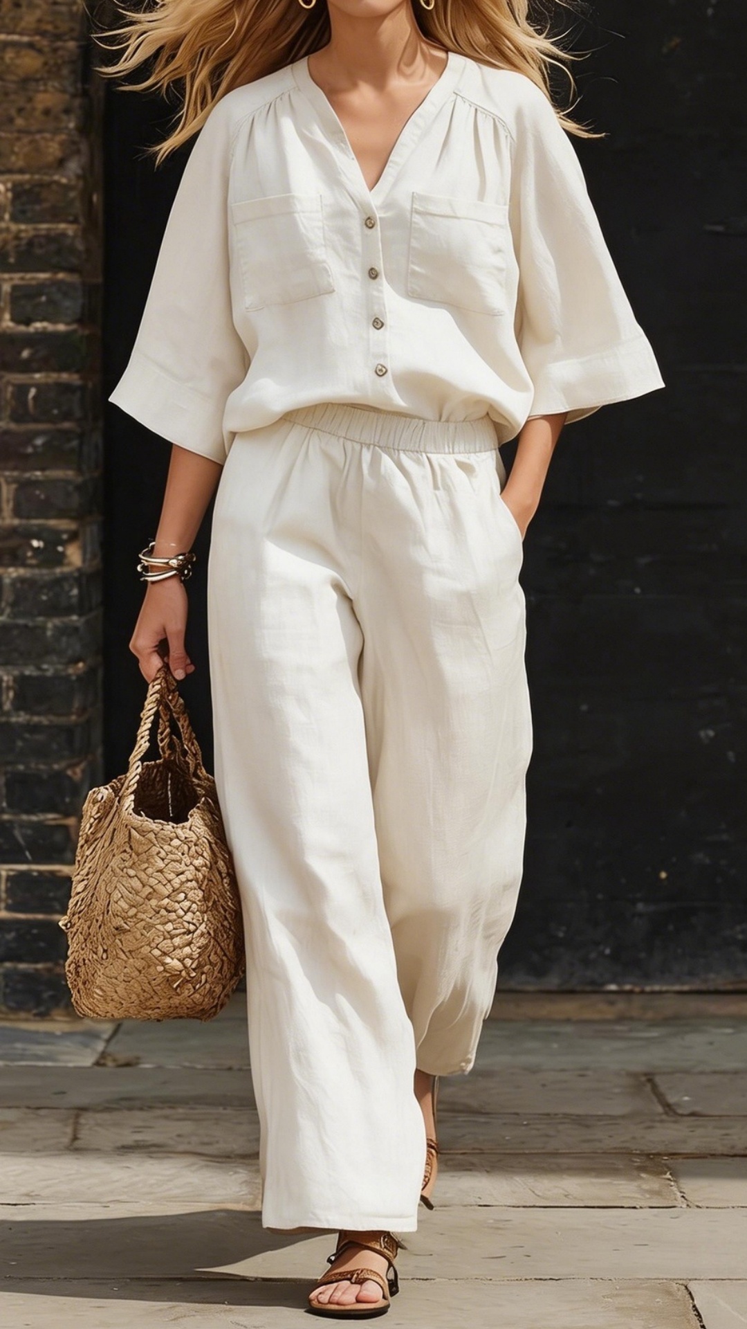 Women's Simple Linen Two-Piece Set: Button-Up Top and Wide-Leg Pants - Nordfashionstorm - Women's Clothing, Fashion for You - Nordfashionstorm.com