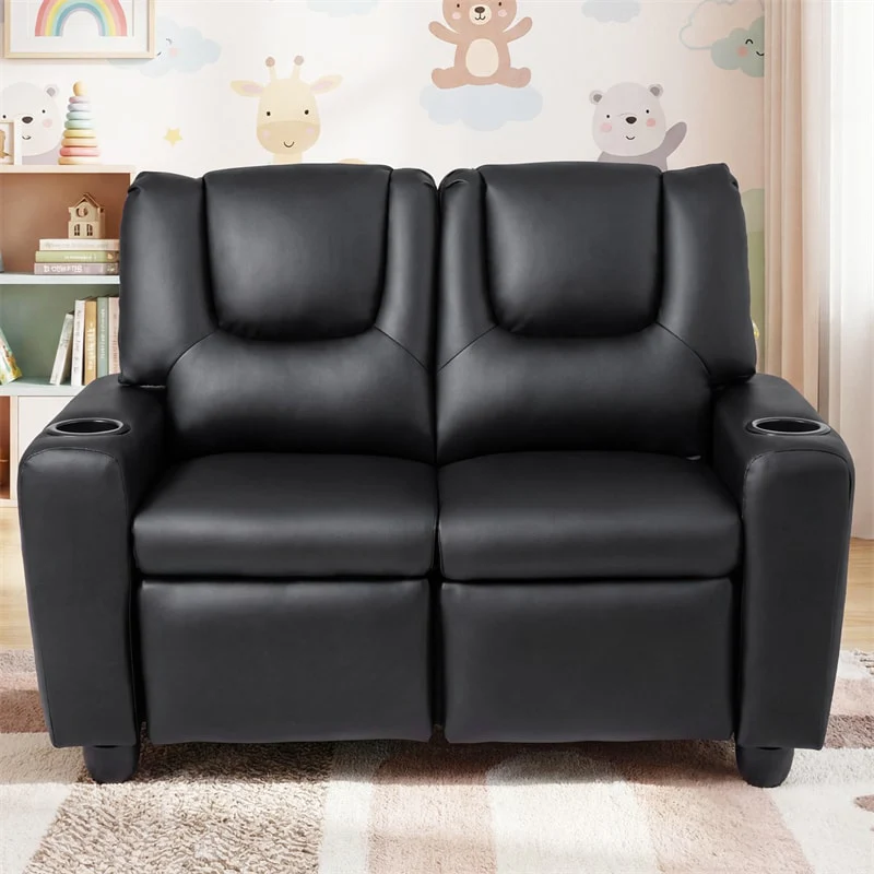 2-Seater Kids Recliner, PU Leather Reclining Loveseat with Cup Holders & 2 Side Storage Pockets, Adjustable Double Toddler Sofa for Boys Girls