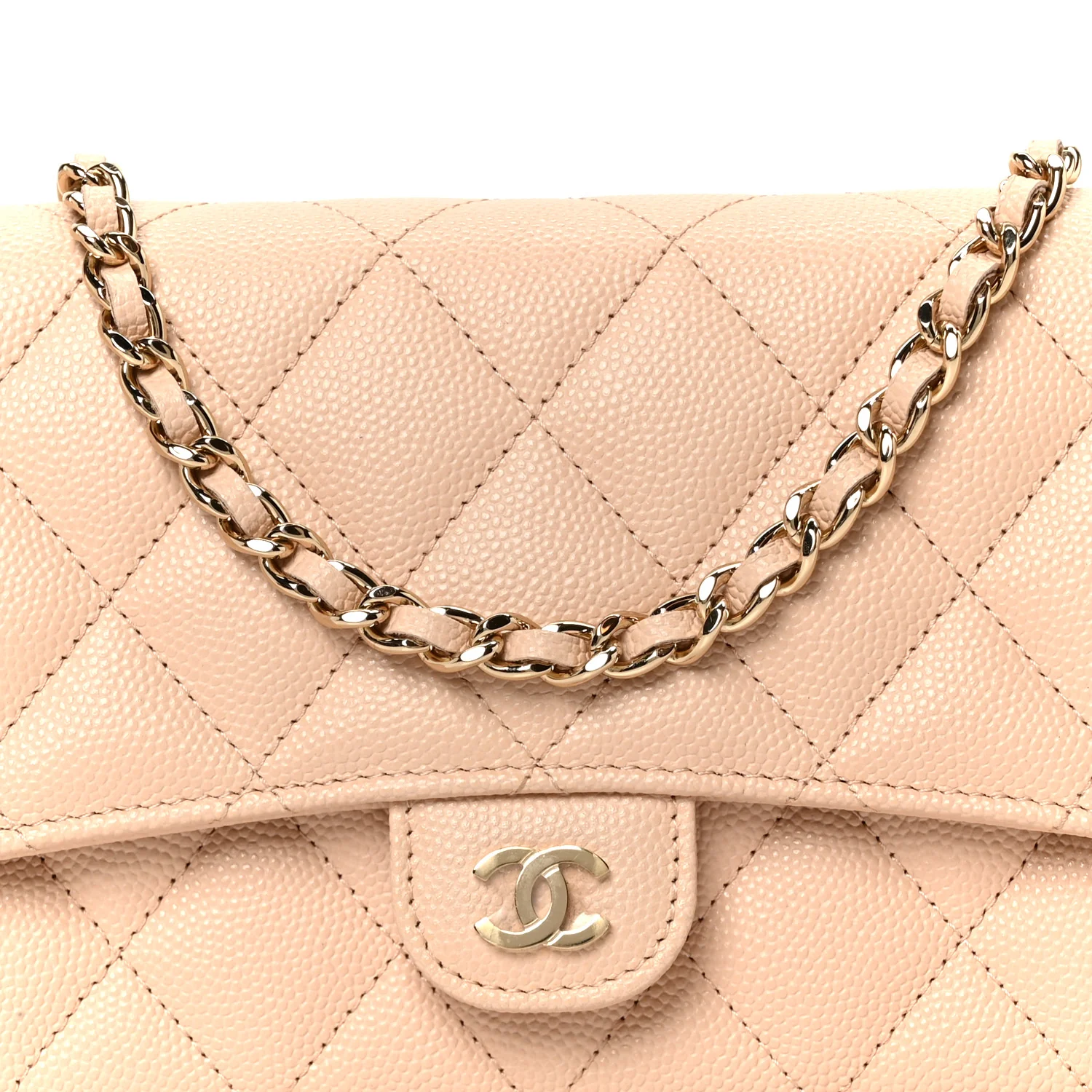 Caviar Quilted Phone Holder Wallet on Removable Chain Light Beige - Top Club