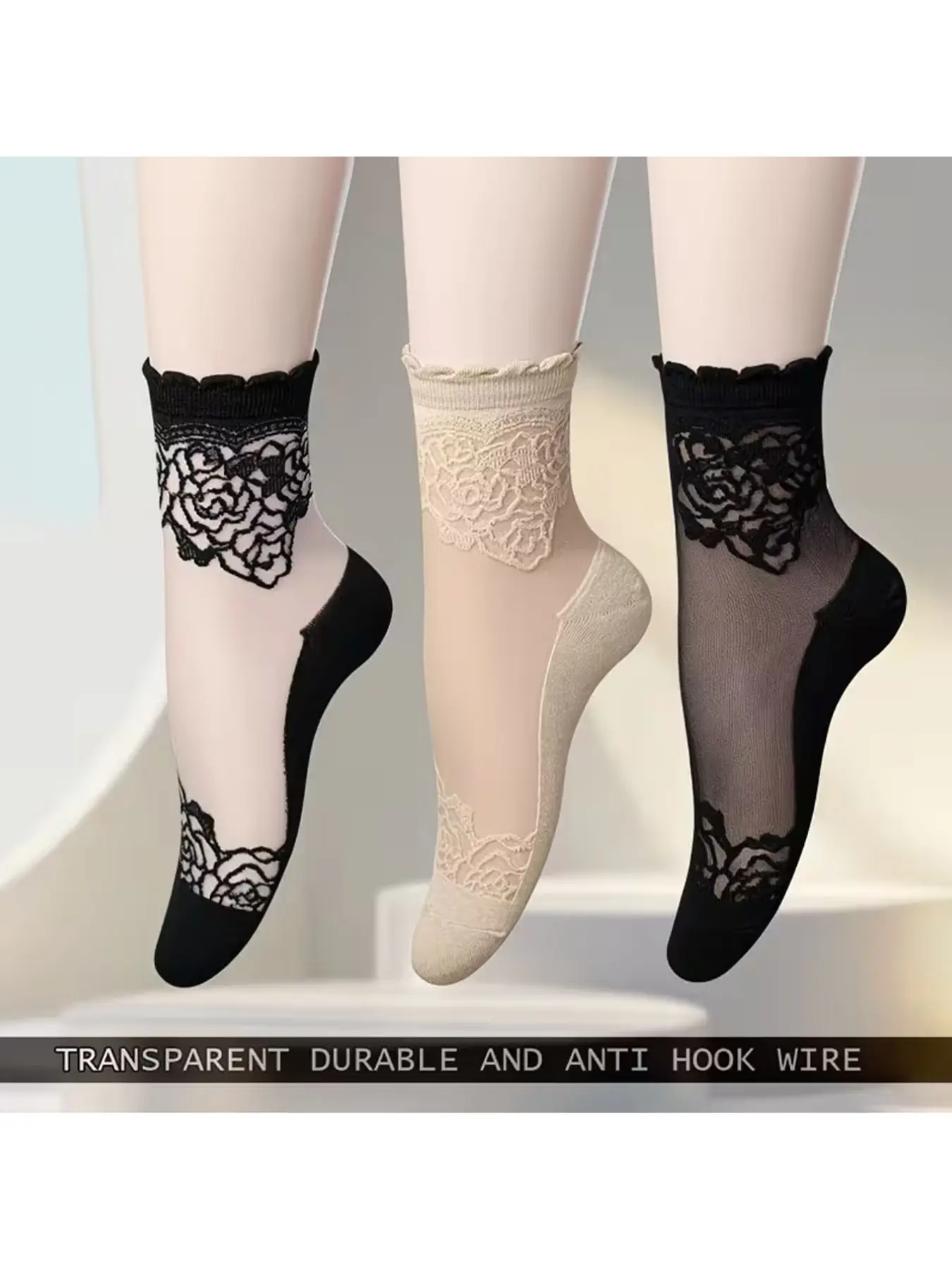 3 Pairs Women’s Sheer Lace Thin Boat Socks, Breathable Anti-Slip Knitted Casual Daily Socks