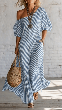 Elegant And Classic Striped Off-shoulder Maxi Dress - Nordfashionstorm - Women's Clothing, Fashion for You - Nordfashionstorm.com