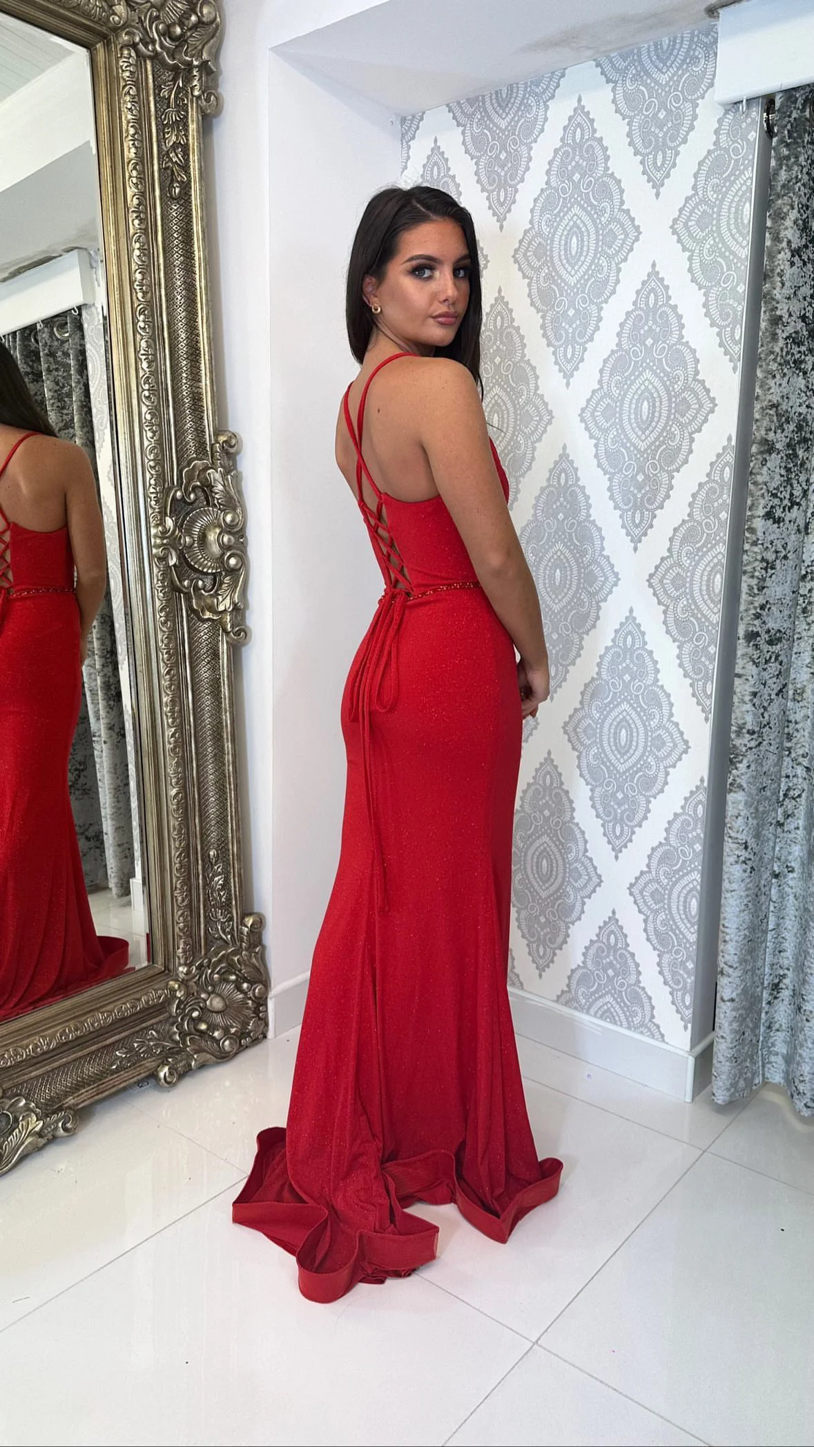 Red Glitter Fabric Full Length Gown