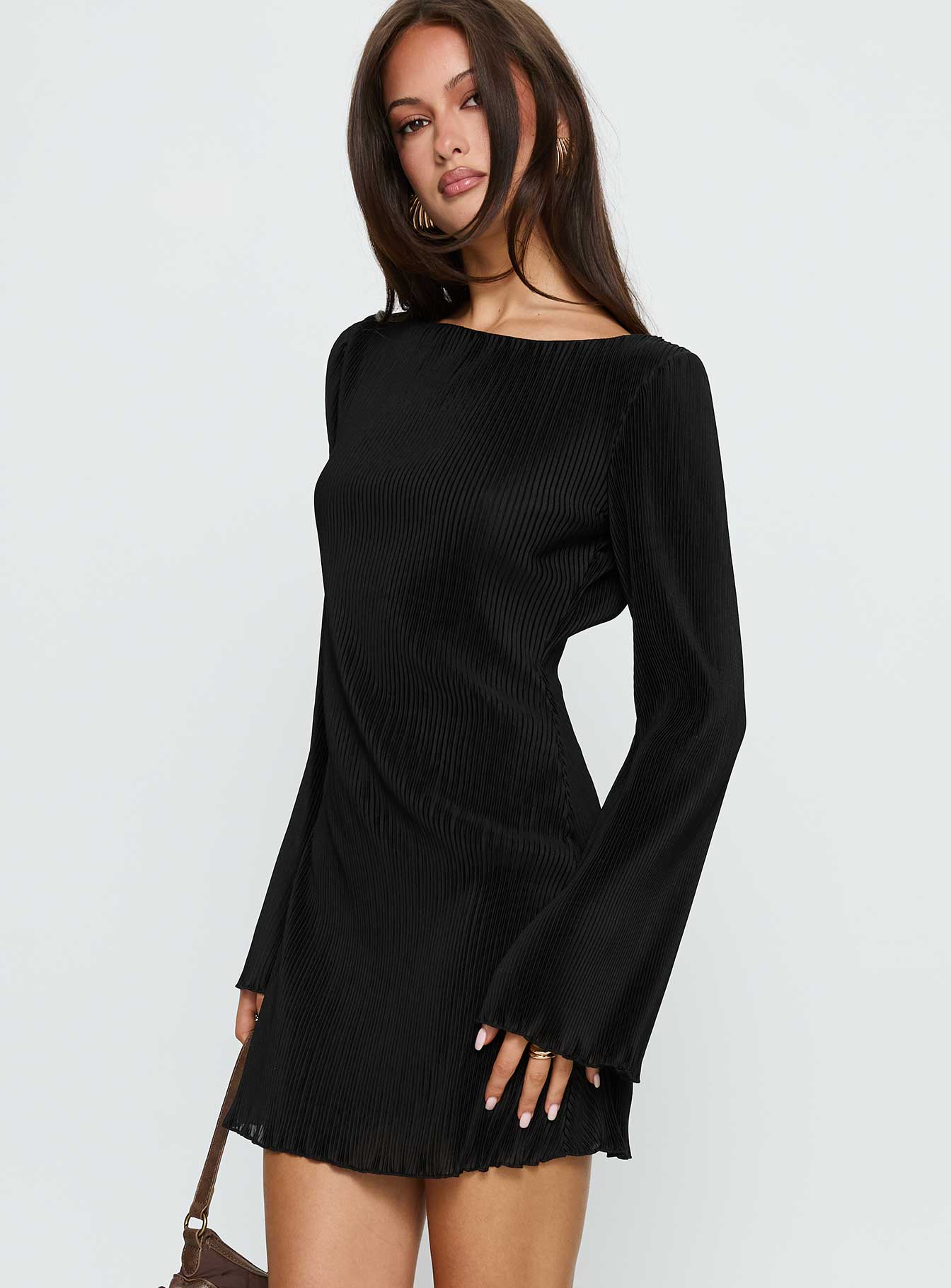Lukea Long Sleeve Plisse Mini Dress Black