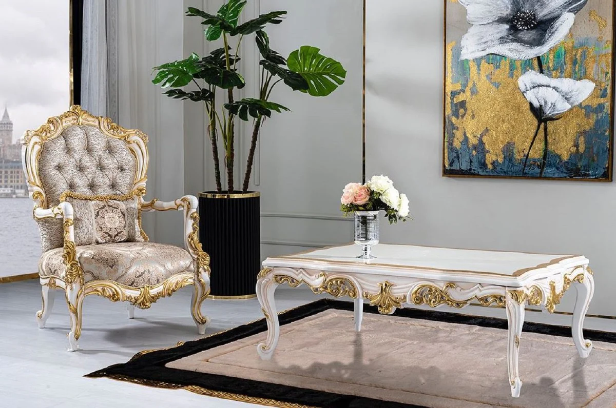Luxury baroque coffee table white / beige / gold - magnificent living room table in baroque style - baroque style living room furniture - baroque furniture - baroque furnishings - luxury furniture in baroque style