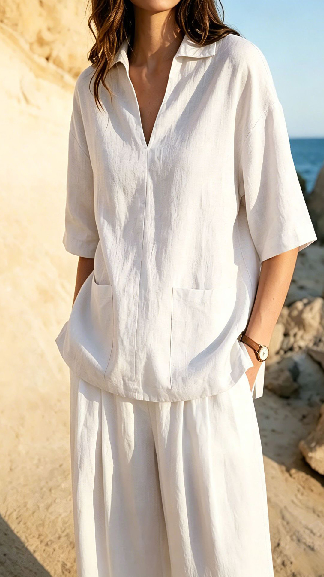 Women's Khaki Collared Mid-sleeve Cotton-blend Blouse - Nordfashionstorm - Women's Clothing, Fashion for You - Nordfashionstorm.com