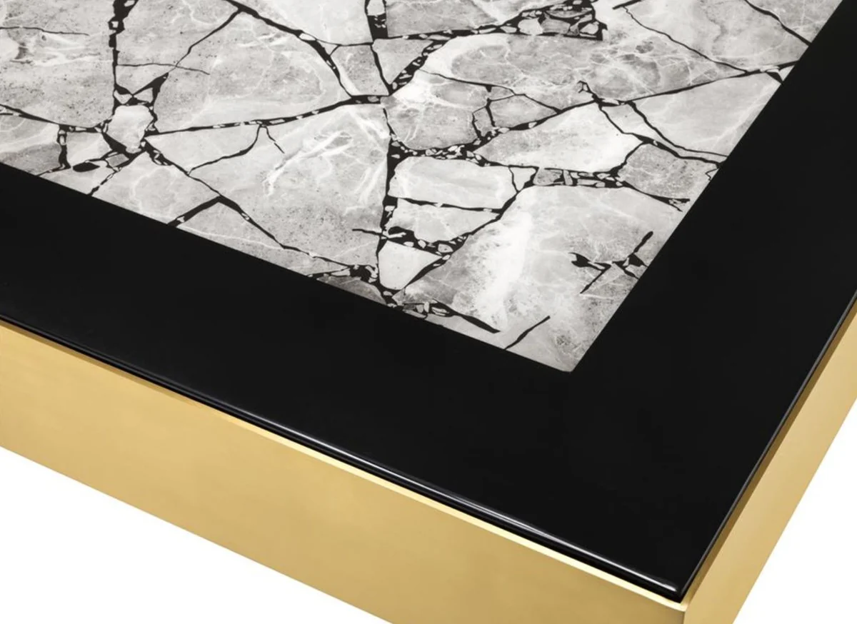 Luxury stainless steel coffee table with faux marble top brass color / high gloss black / gray 100 x 100 x H. 38 cm - designer living room furniture