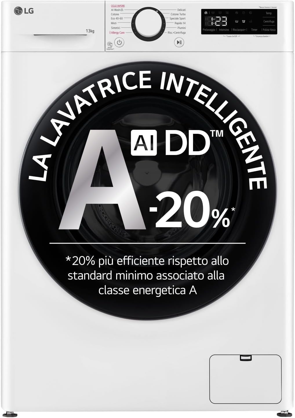 AI DD F4R3013NSWB Lavatrice a Carica Frontale 13kg Serie R3, Classe A-20%, 1400 giri, AIWash, Lavaggio a vapore, Motore Direct Drive, Cestello a bolle, Smart Diagnosis, Libera installazione, Bianca