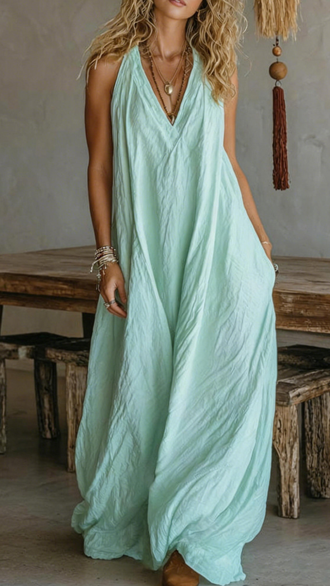 Women's Halter V-Neck Linen-Blend Maxi Dress - Nordfashionstorm - Women's Clothing, Fashion for You - Nordfashionstorm.com