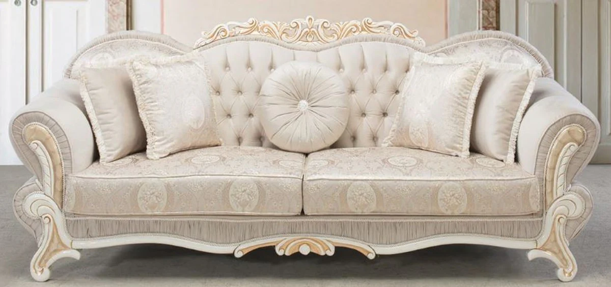 Luxury baroque sofa light pink / white / gold 237 x 90 x H. 99 cm - living room sofa with decorative pillows - baroque style furniture