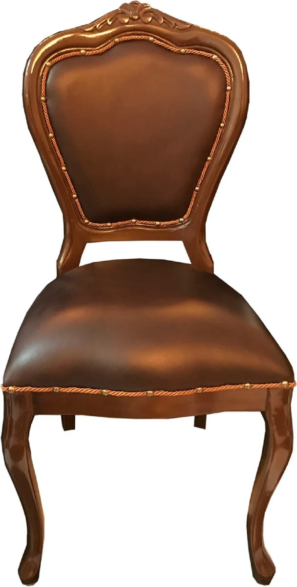 Luxury Baroque Dining Room Set Brown / Brown 45 x 47 x H. 99 cm - 4 handmade solid wood dining chairs with real leather - Baroque dining room furniture