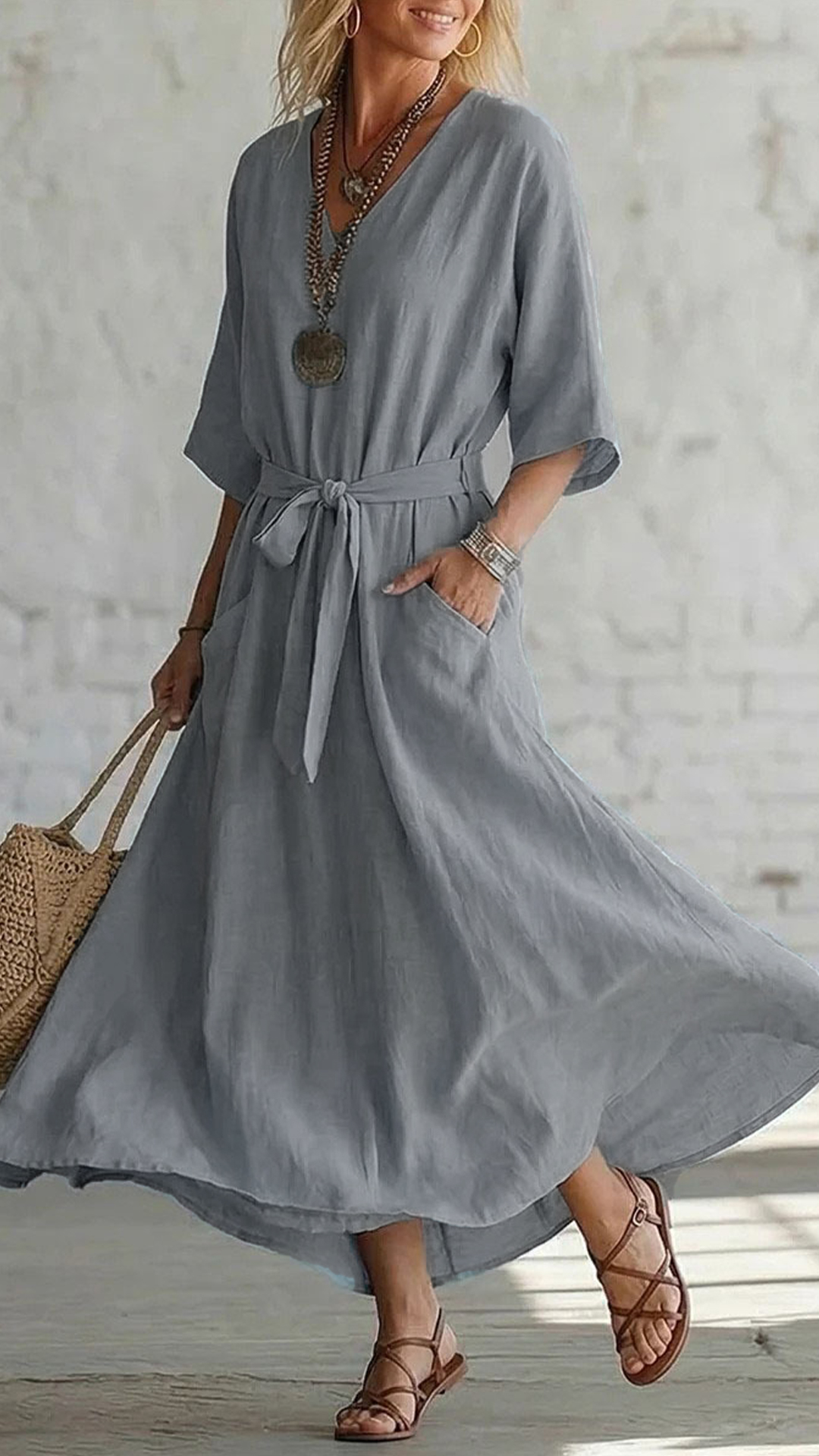 Women's Cotton-Blend V-Neck Waisted Midi Dress - Nordfashionstorm - Women's Clothing, Fashion for You - Nordfashionstorm.com