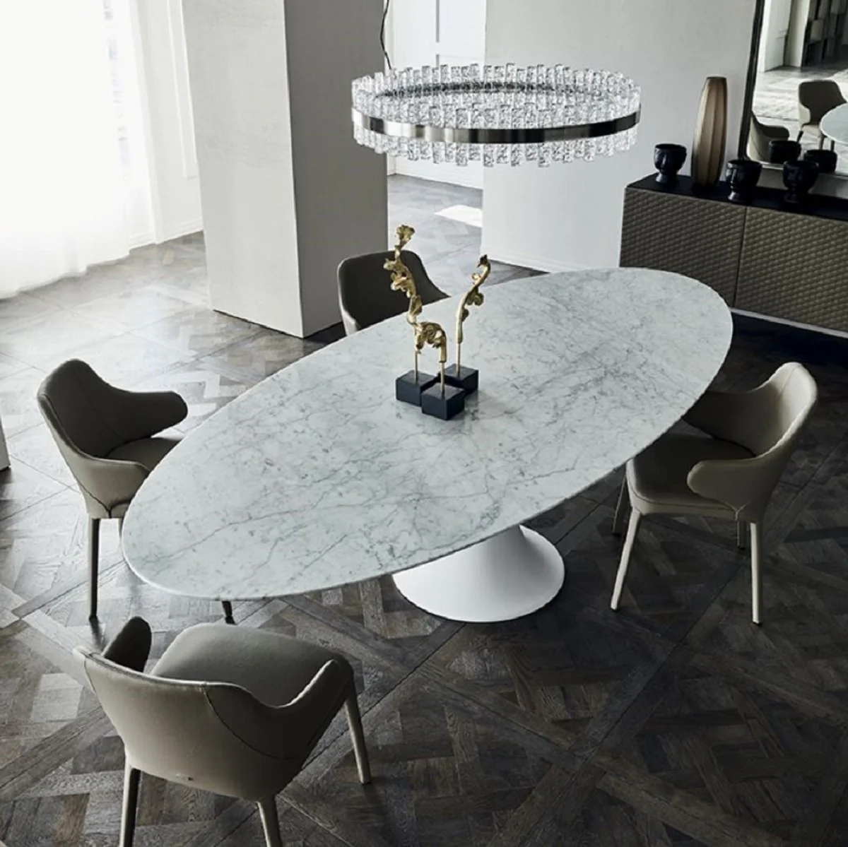 Luxury dining table matt white 290 x 130 x H. 75 cm - Oval dining room table with high-quality Carrara marble table top - Modern dining room furniture - Luxury quality - Made in Italy