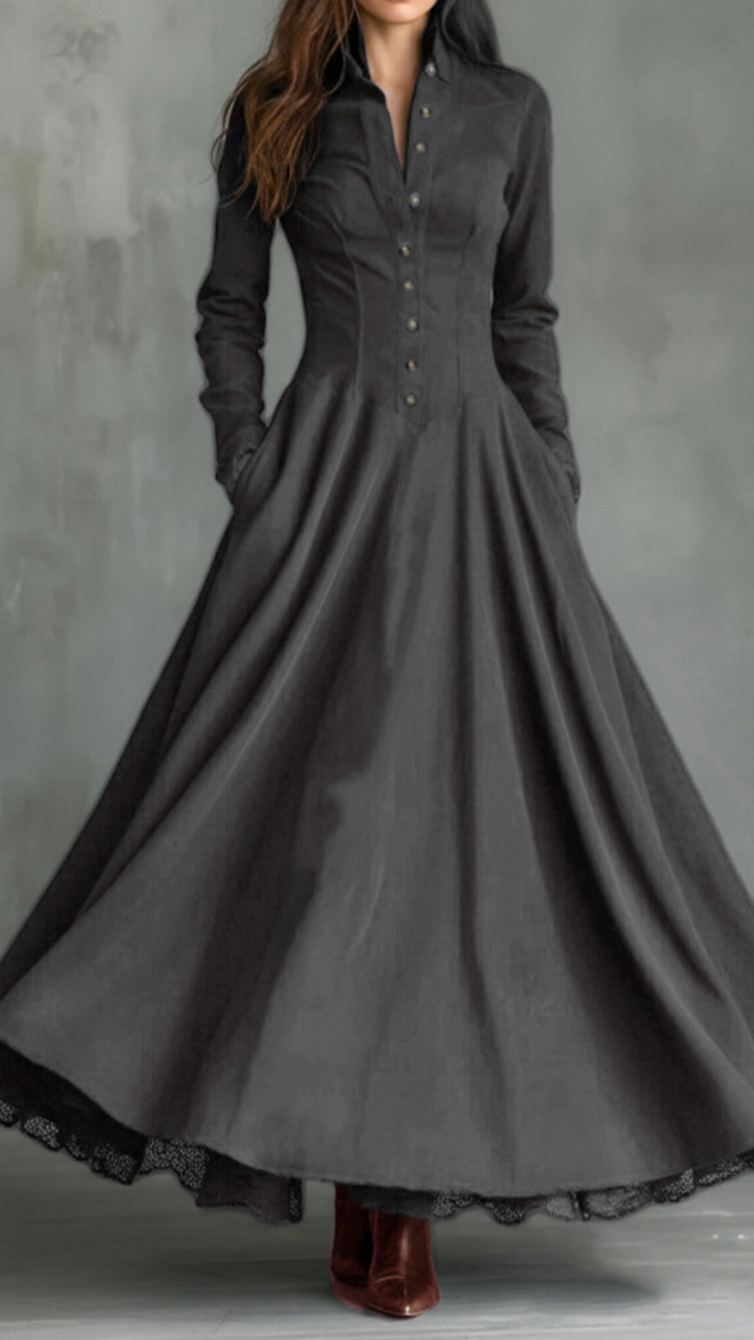 Women's Cotton-blend  Stand Collar Single-breasted Long Sleeve Flared Maxi Dress - Nordfashionstorm - Women's Clothing, Fashion for You - Nordfashionstorm.com