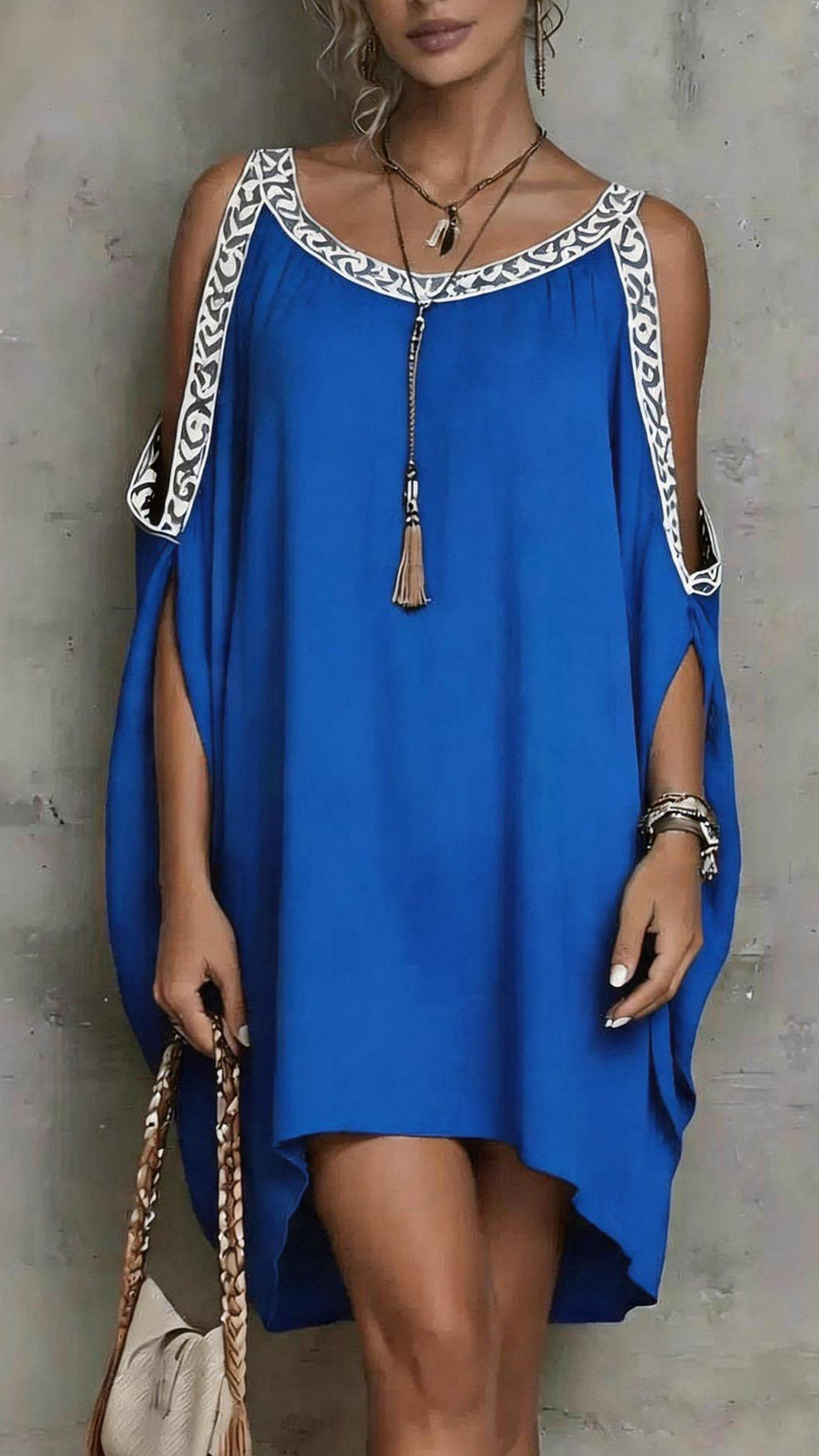 Women's Cotton-Blend Light Blue Off-Shoulder Embroidered print Loose Dress - Nordfashionstorm - Women's Clothing, Fashion for You - Nordfashionstorm.com