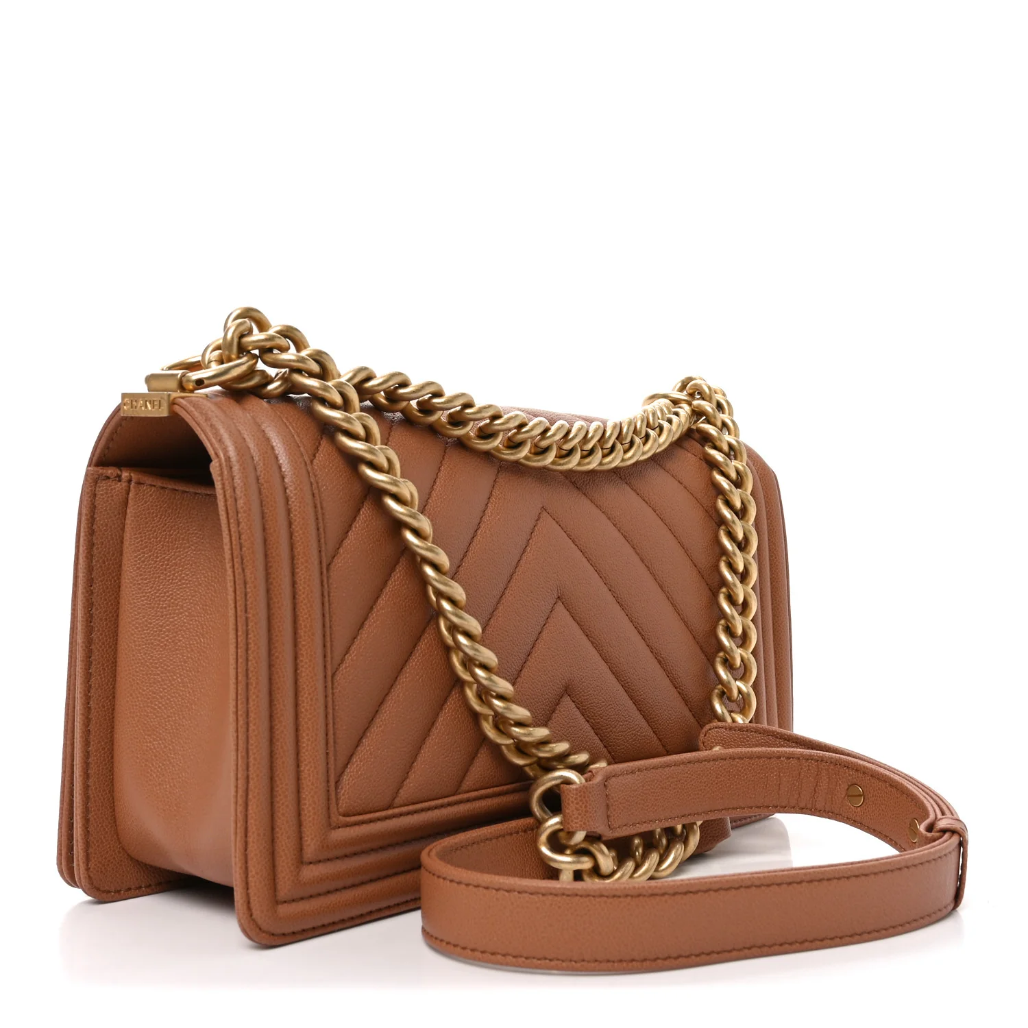 Caviar Chevron Quilted Medium Boy Flap Brown - Top Club