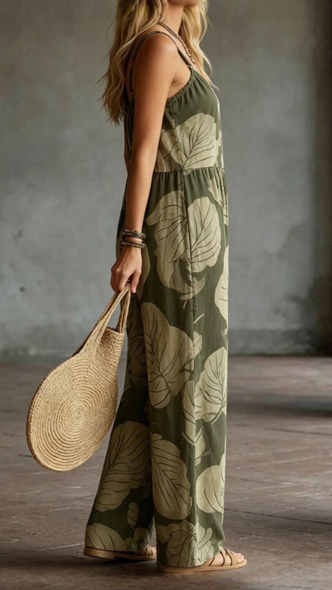 Women's Cotton‑blend Green Leaf‑print Spaghetti‑strap Loose Wide‑leg Jumpsuit - Nordfashionstorm - Women's Clothing, Fashion for You - Nordfashionstorm.com