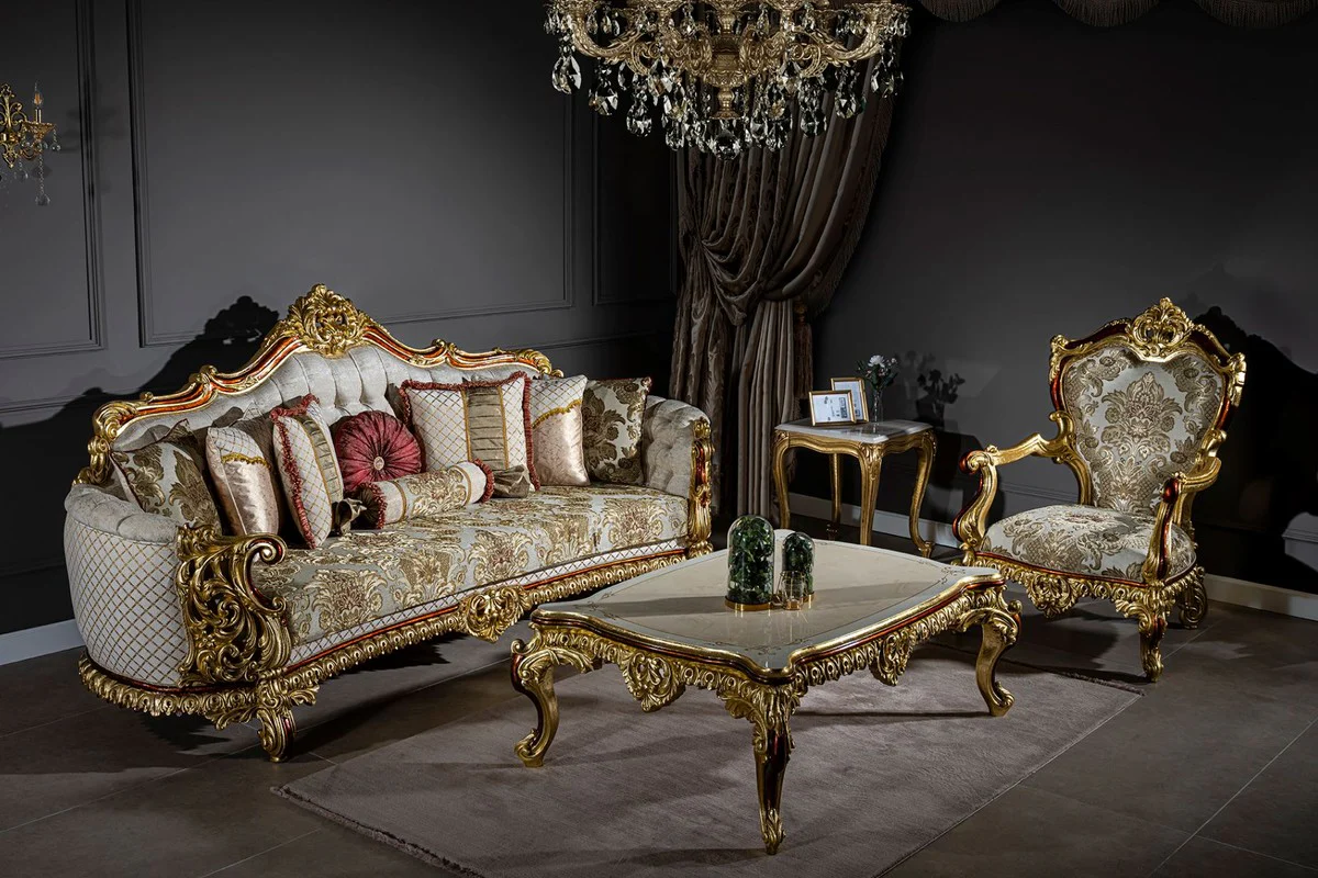 Luxury baroque sofa gray / red / gold 270 x 105 x H. 128 cm - living room sofa with decorative pillows - noble & magnificent