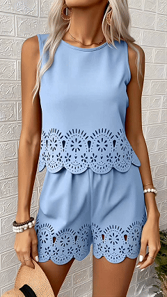 Women's Elegant Hollow-Out Design Short-Sleeve Top and Shorts Two-Piece Set - Nordfashionstorm - Women's Clothing, Fashion for You - Nordfashionstorm.com