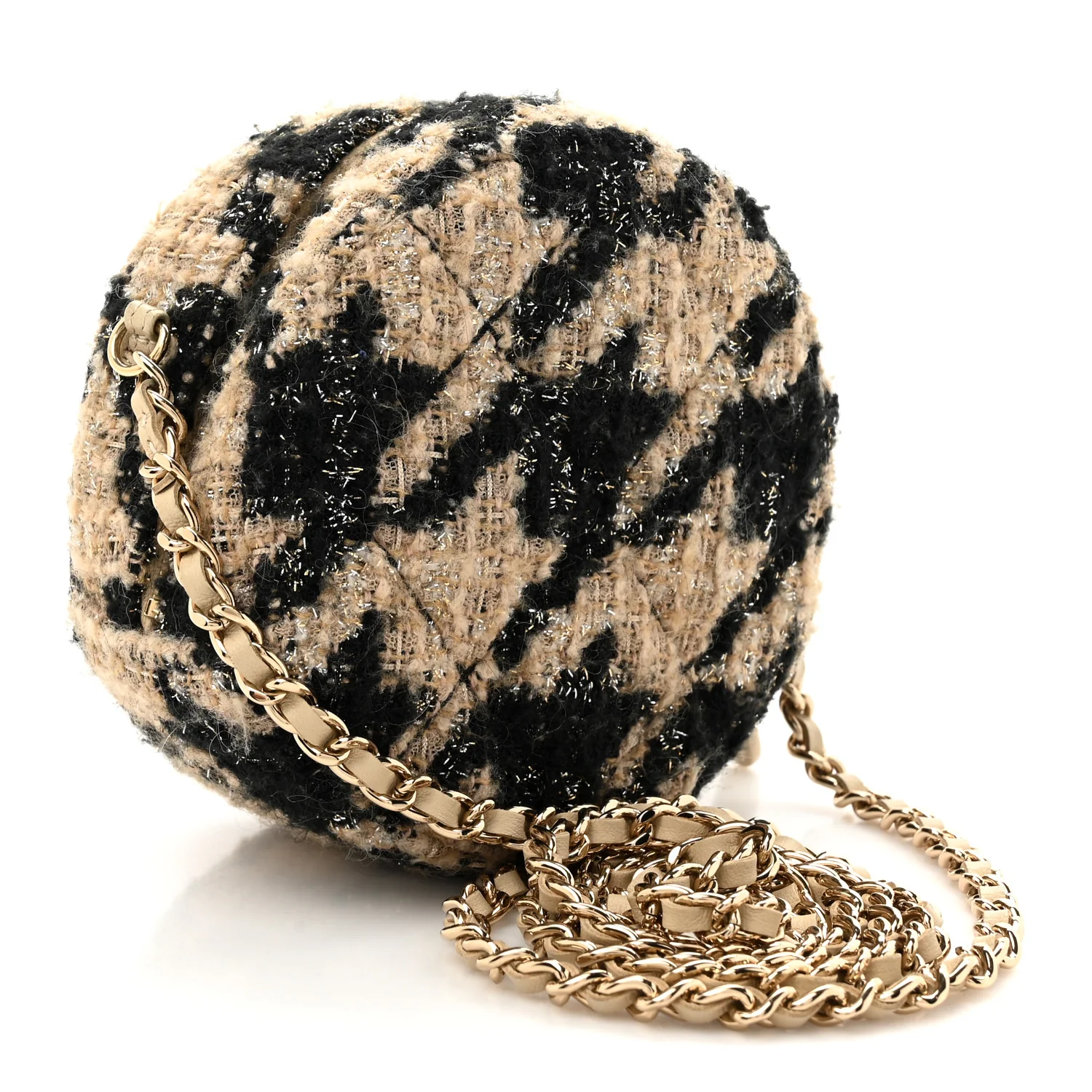 Tweed Shearling Round Clutch With Chain and Coin Purse Beige Black - Top Club