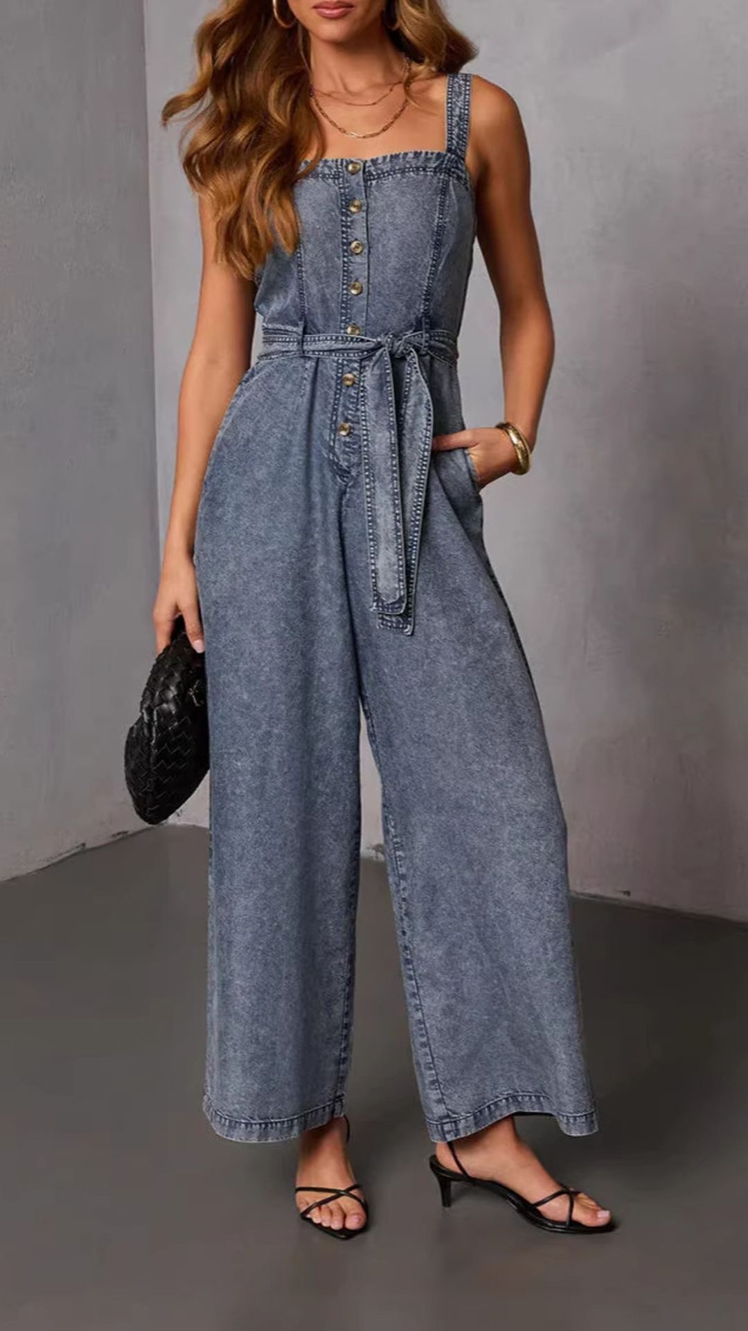 Women's Washed Blue Square-Neck Camisole Denim Waist-Tied Wide-Leg Jumpsuit - Nordfashionstorm - Women's Clothing, Fashion for You - Nordfashionstorm.com