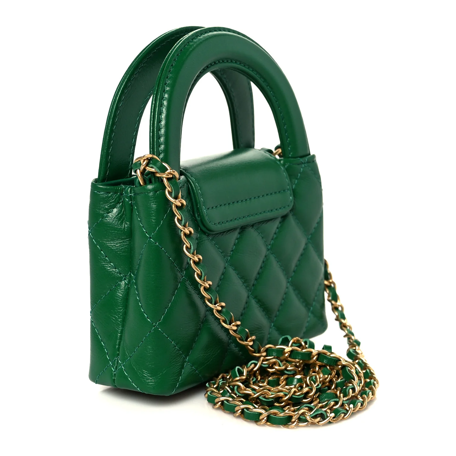 Shiny Aged Calfskin Quilted Mini Nano Kelly Shopper Green - Top Club