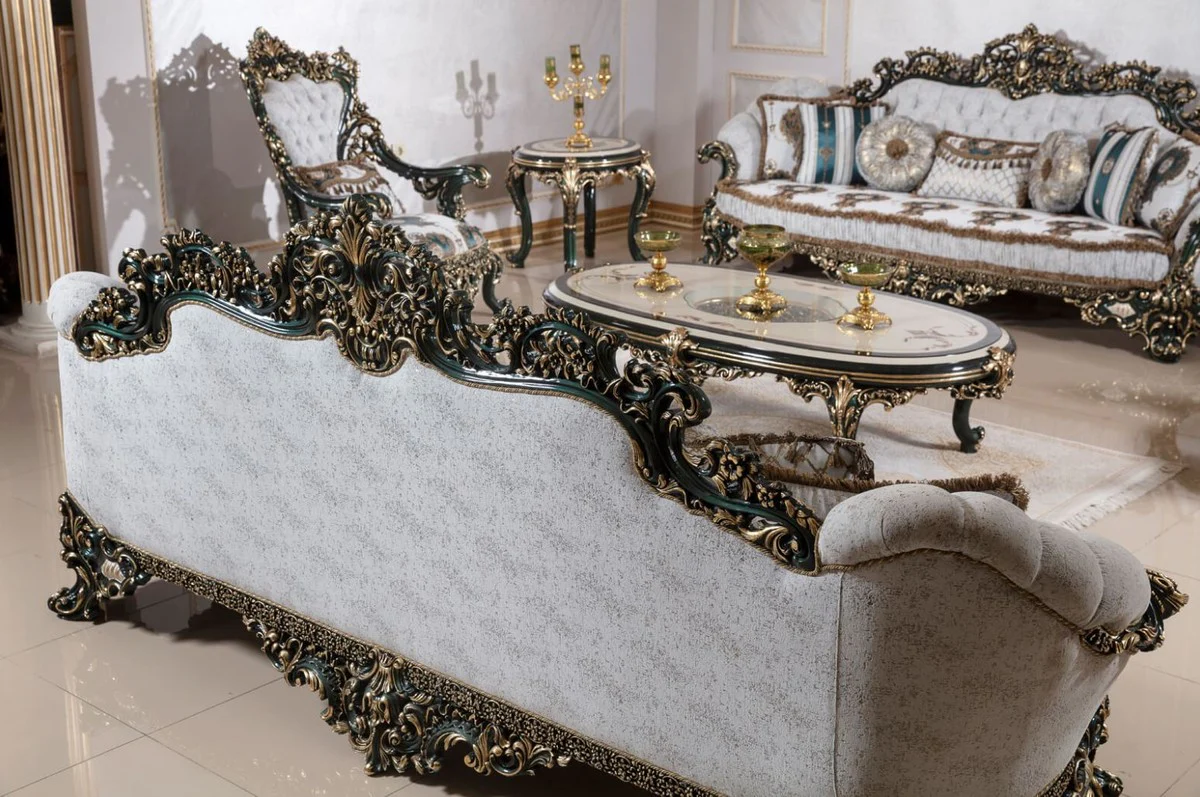 Luxury Baroque Sofa White / Multicolored / Green / Gold - Magnificent Living Room Sofa with Elegant Pattern - Baroque Living Room & Hotel Furniture - Noble & Magnificent