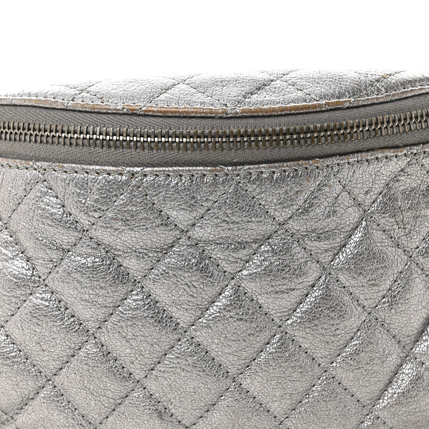 Metallic Calfskin Quilted Banane Waist Bag Fanny Pack Dark Silver - Top Club