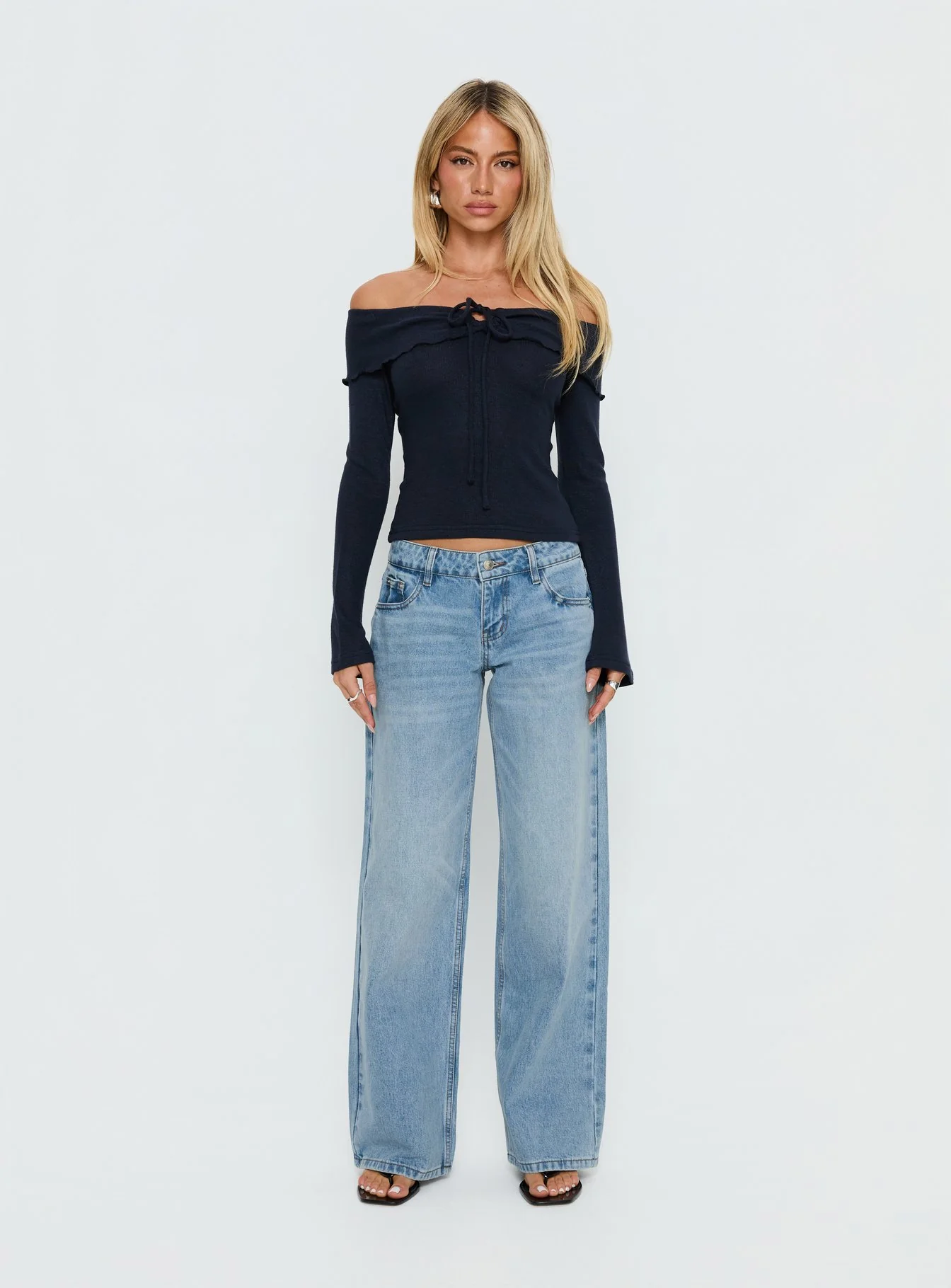 Sevanna Off Shoulder Long Sleeve Top Navy