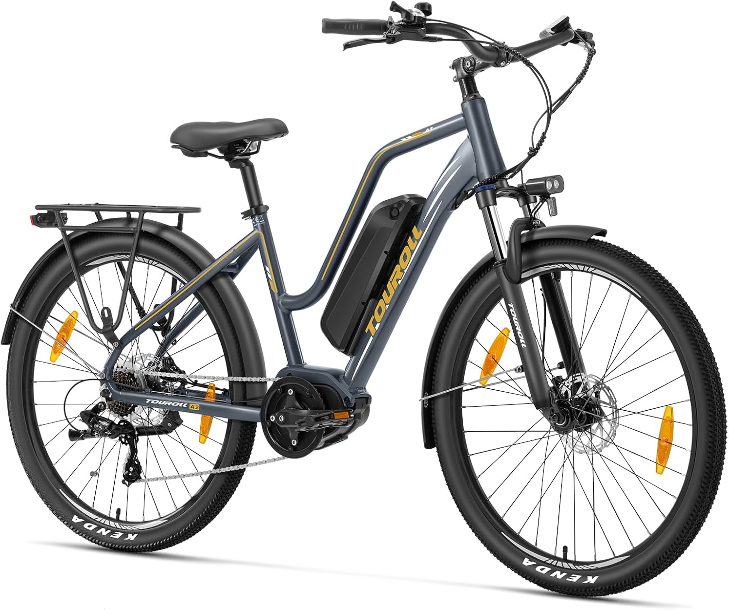 Touroll Bicicletta elettrica MA2, Motore centrale da 250 W 70 Nm e batteria da 36 V 468 Wh, autonomia 100 km, freno a disco idraulico, bici elettriche per uomo e donna,Marrone/Grigio