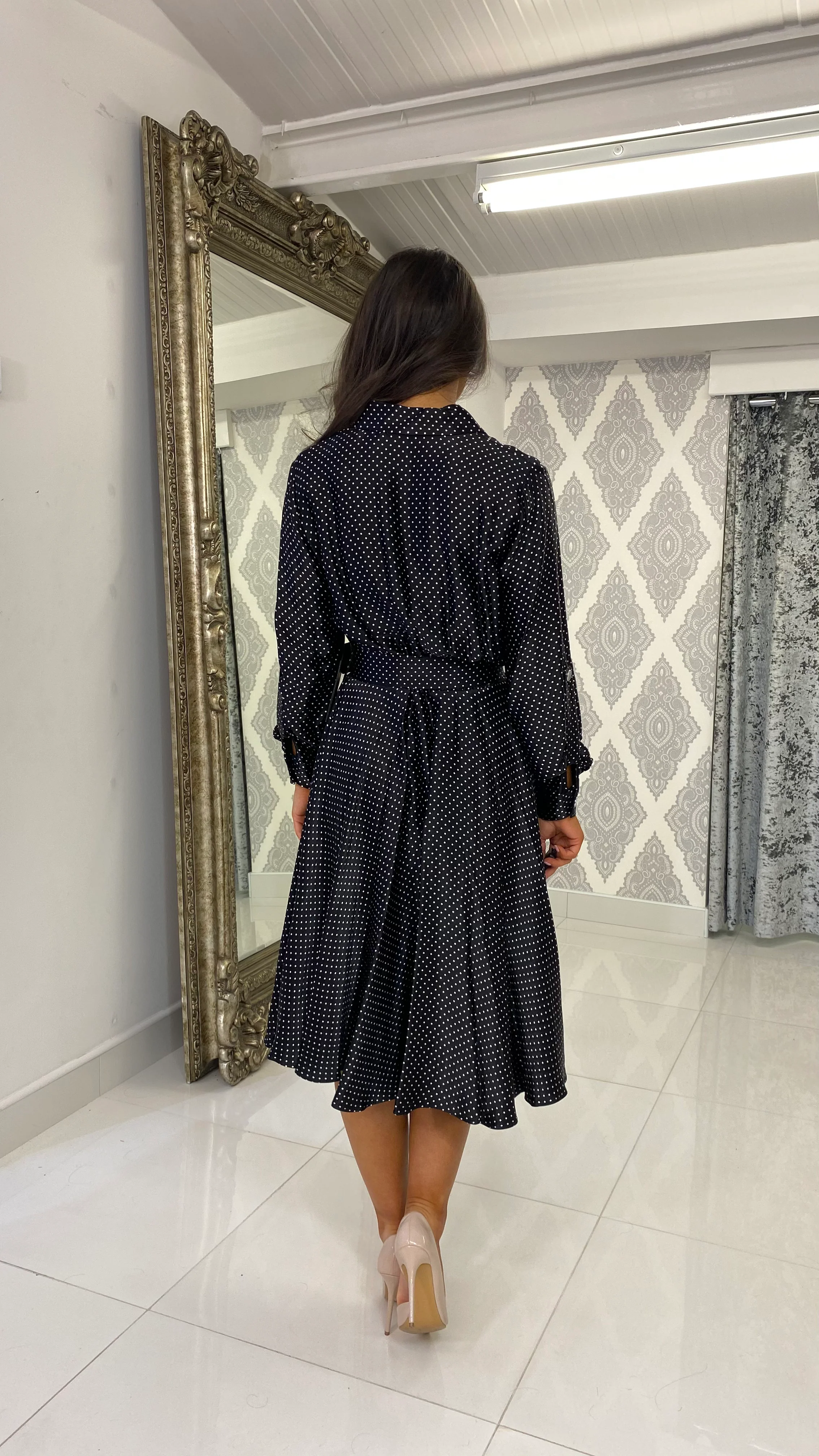 Black Silk Shirt Dress With White Dots