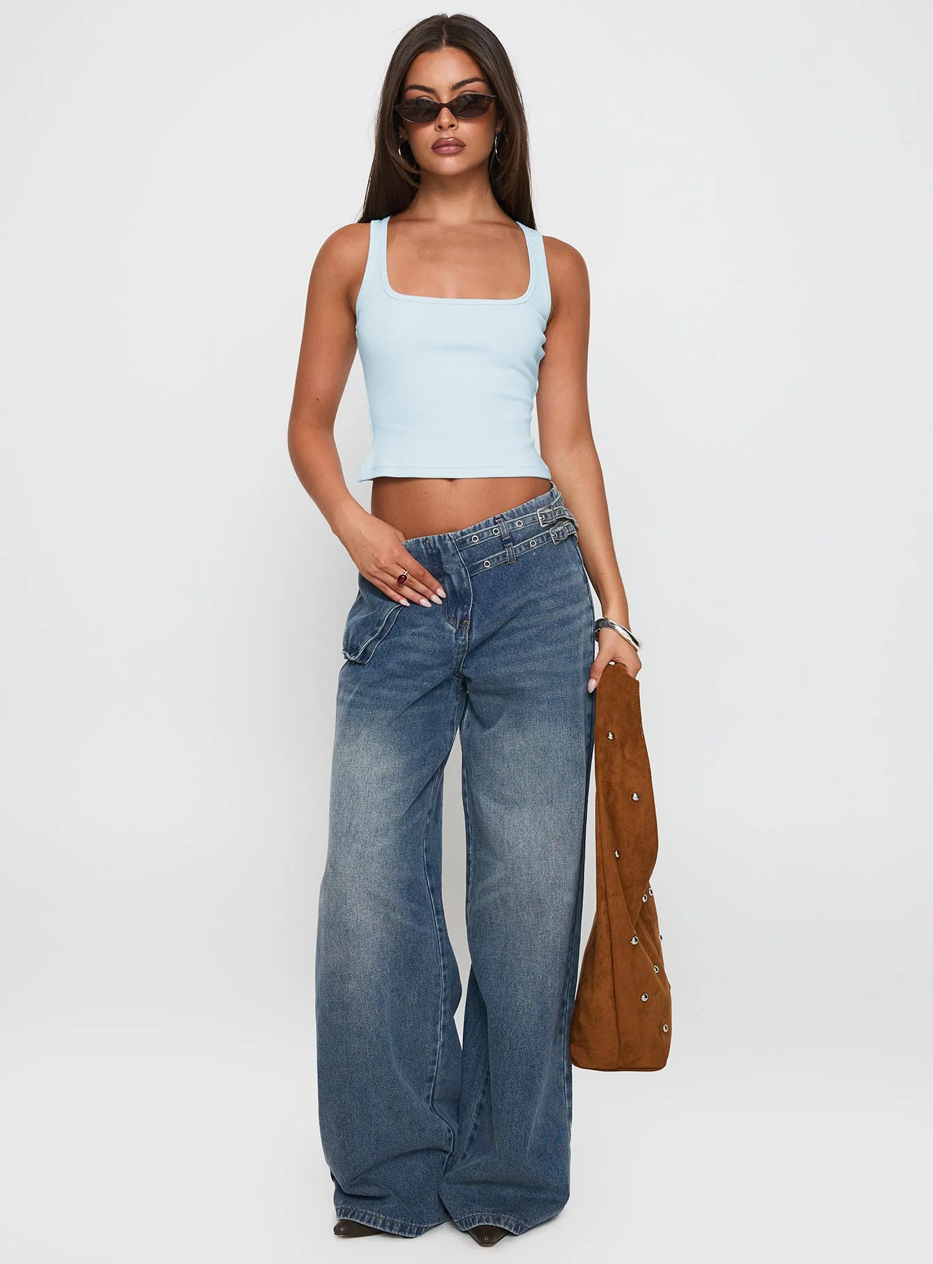 Paltrow Mid Rise Wide Leg Cargo Jeans Mid Blue Wash Petite