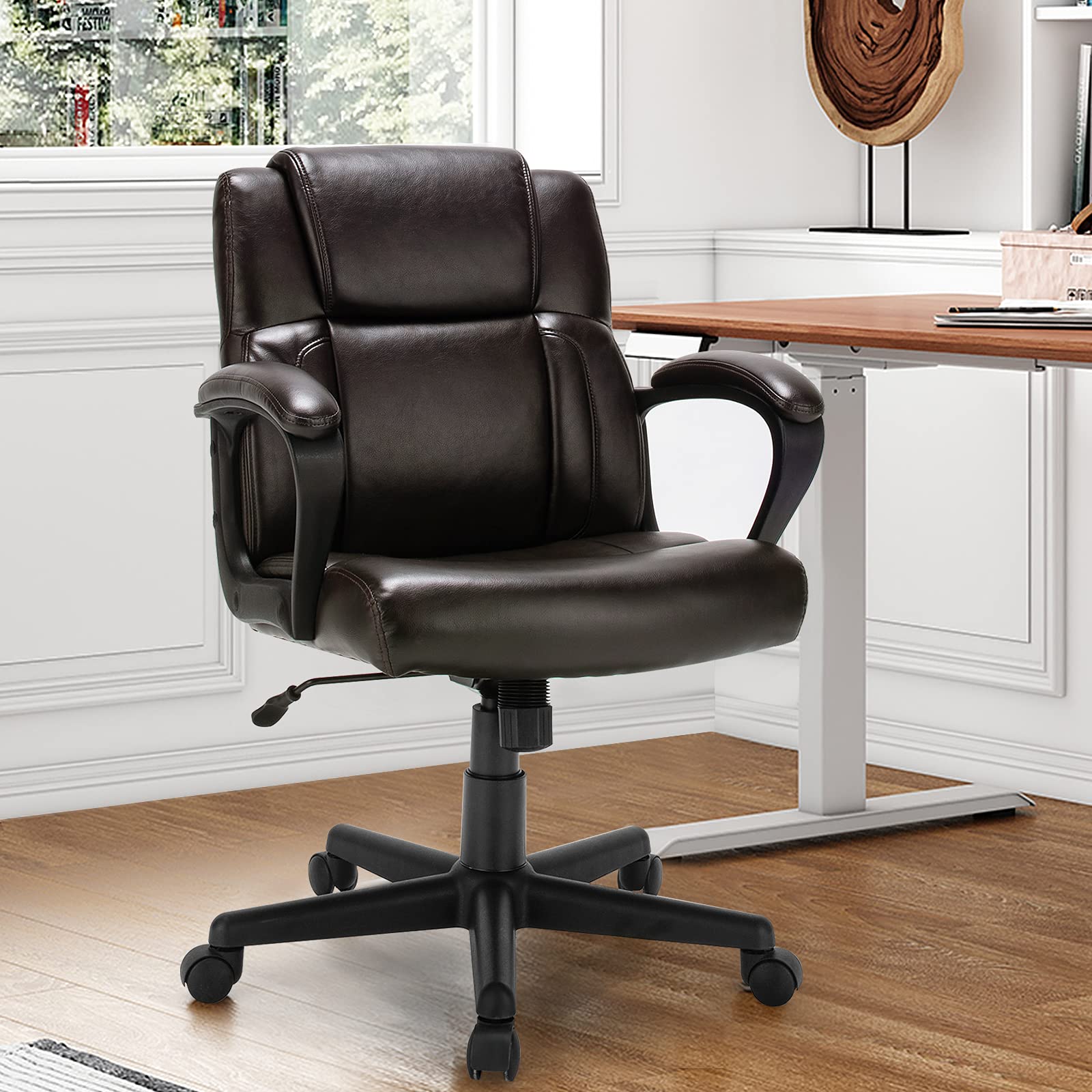 BEFOUNDLOVELY Leather Modern Executive Chair, Ergonomic Mid Back Computer Desk Chair w/Padded Armrests