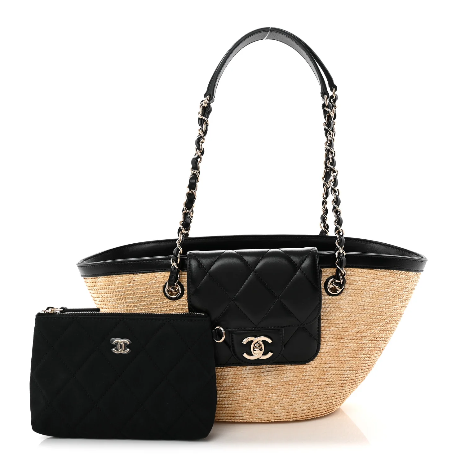 Raffia Braided Lambskin Small Shopping Tote Beige Black - Top Club