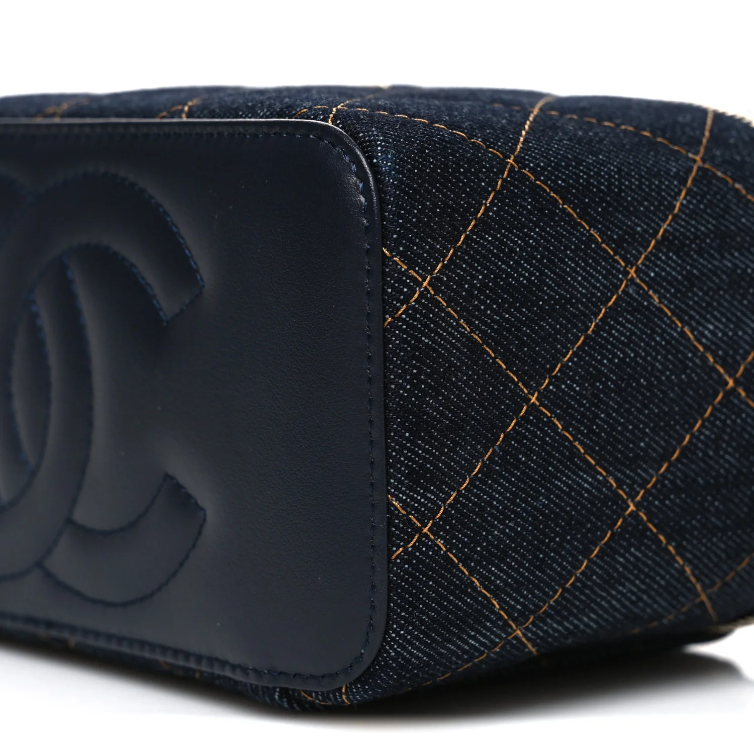 Denim Quilted Vanity Case With Chain Dark Blue Orange - Top Club