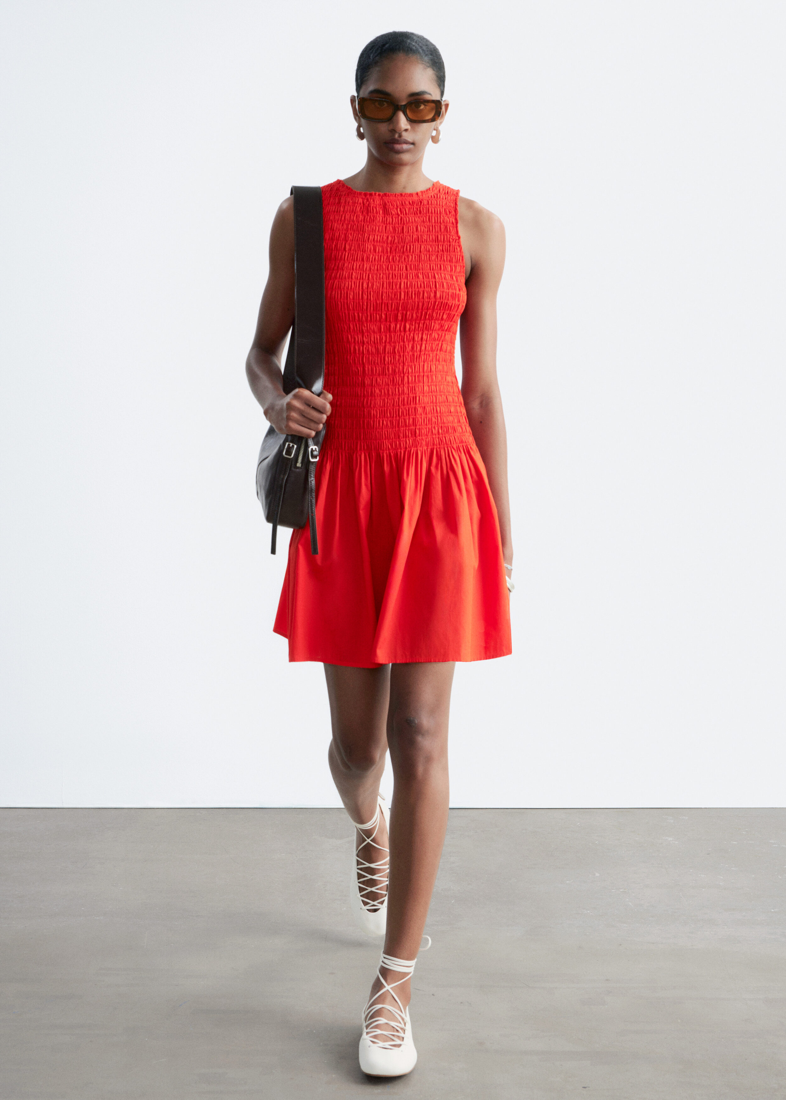 & Other Stories SMOCKED COTTON POPLIN MINI DRESS