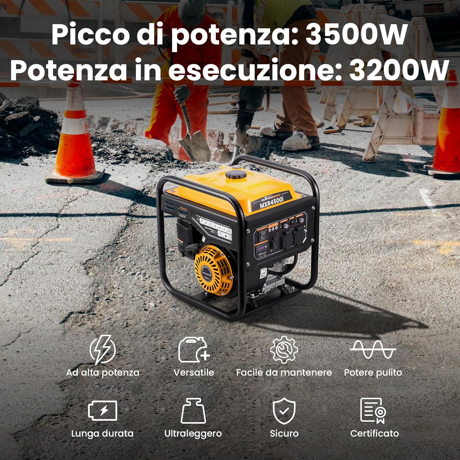 maXpeedingrods Generatore di Corrente Inverter Portatile 3500W Benzina 4 tempi con 2 prese 230V Silenzioso e leggero come generatore di emergenza domestica per Garage Officina Cantiere Camping