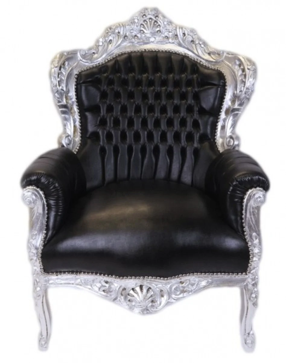 Baroque armchair King black / silver leather look - furniture antique style