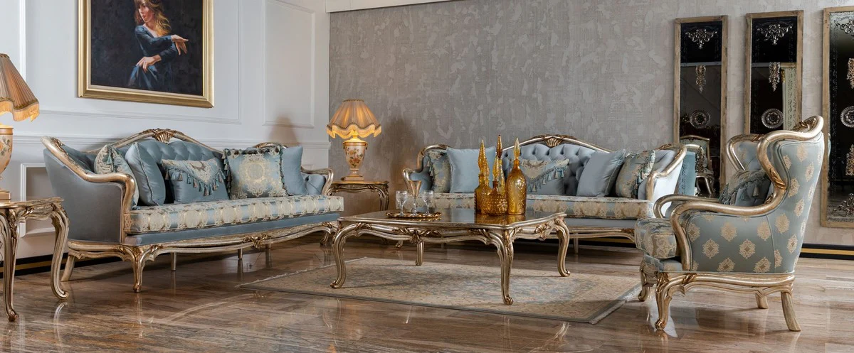 Luxury Baroque Sofa Light Blue / Silver / Gold - Handmade Living Room Sofa in Baroque Style - Baroque Living Room Furniture