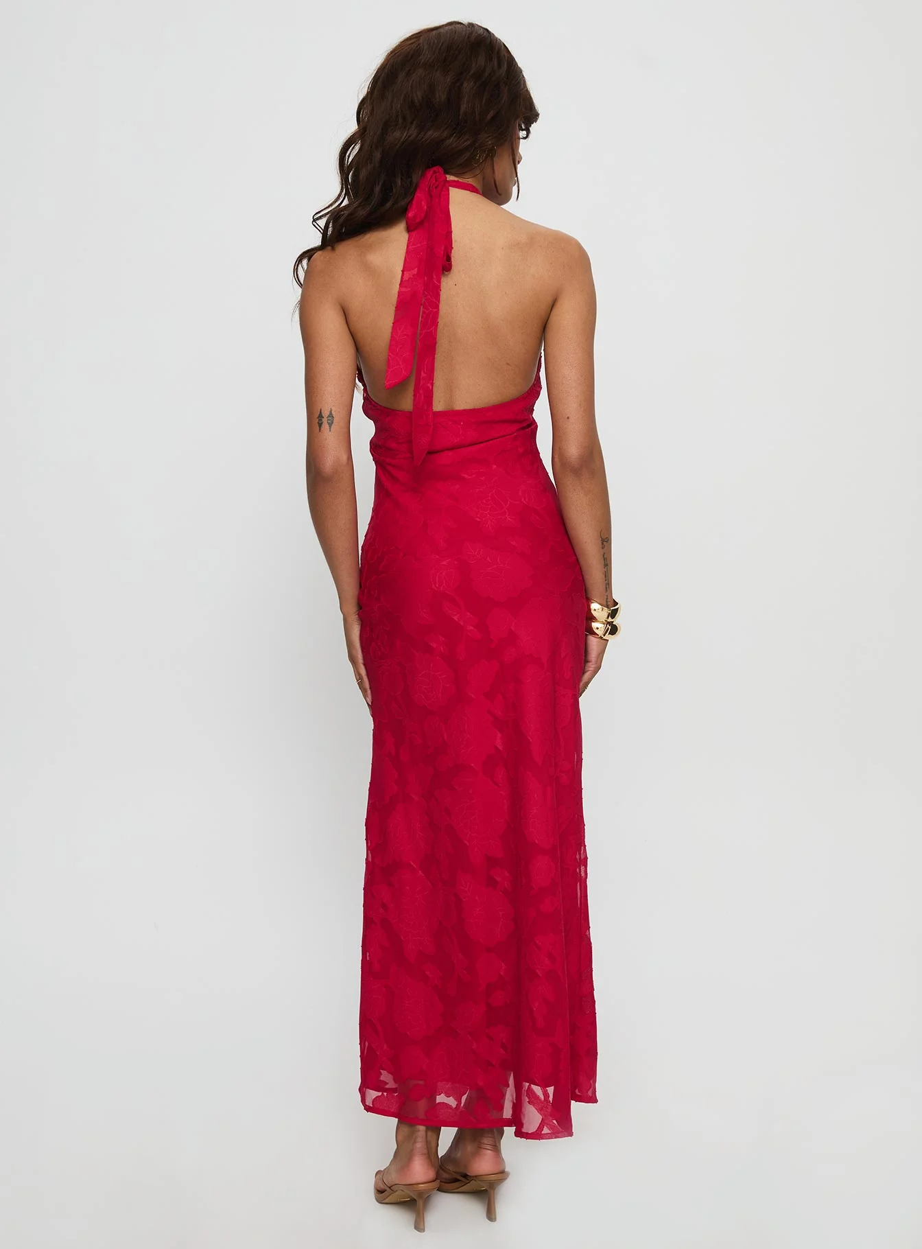 Ending Credits Halter Twist Maxi Dress Red Burnout