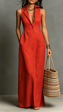 Women's Cotton‑blend Collared Sleeveless Single‑breasted Waist‑cinched Maxi Dress - Nordfashionstorm - Women's Clothing, Fashion for You - Nordfashionstorm.com