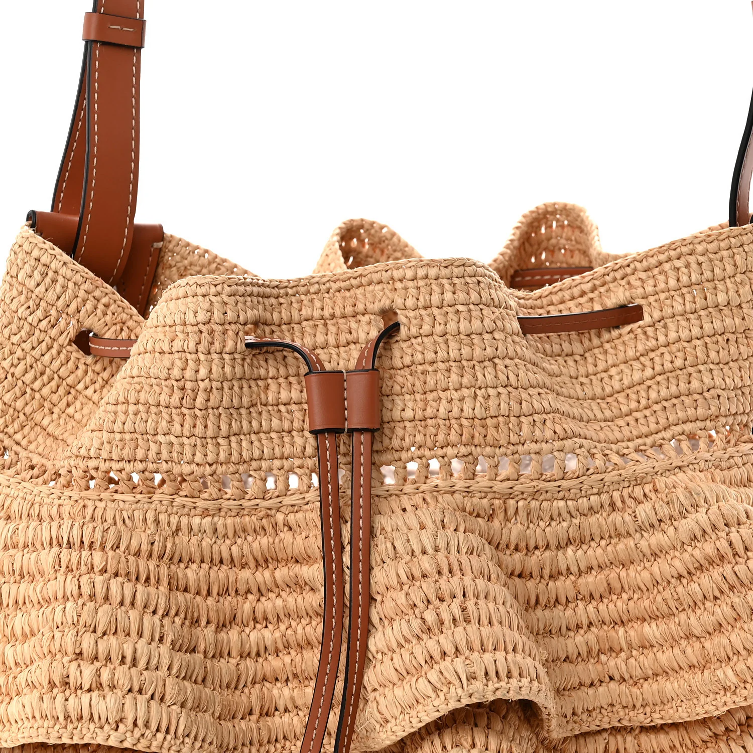 Raffia Calfskin Paulas Ibiza Balloon Ruffle Basket Tote Bag Natural Tan - Top Club