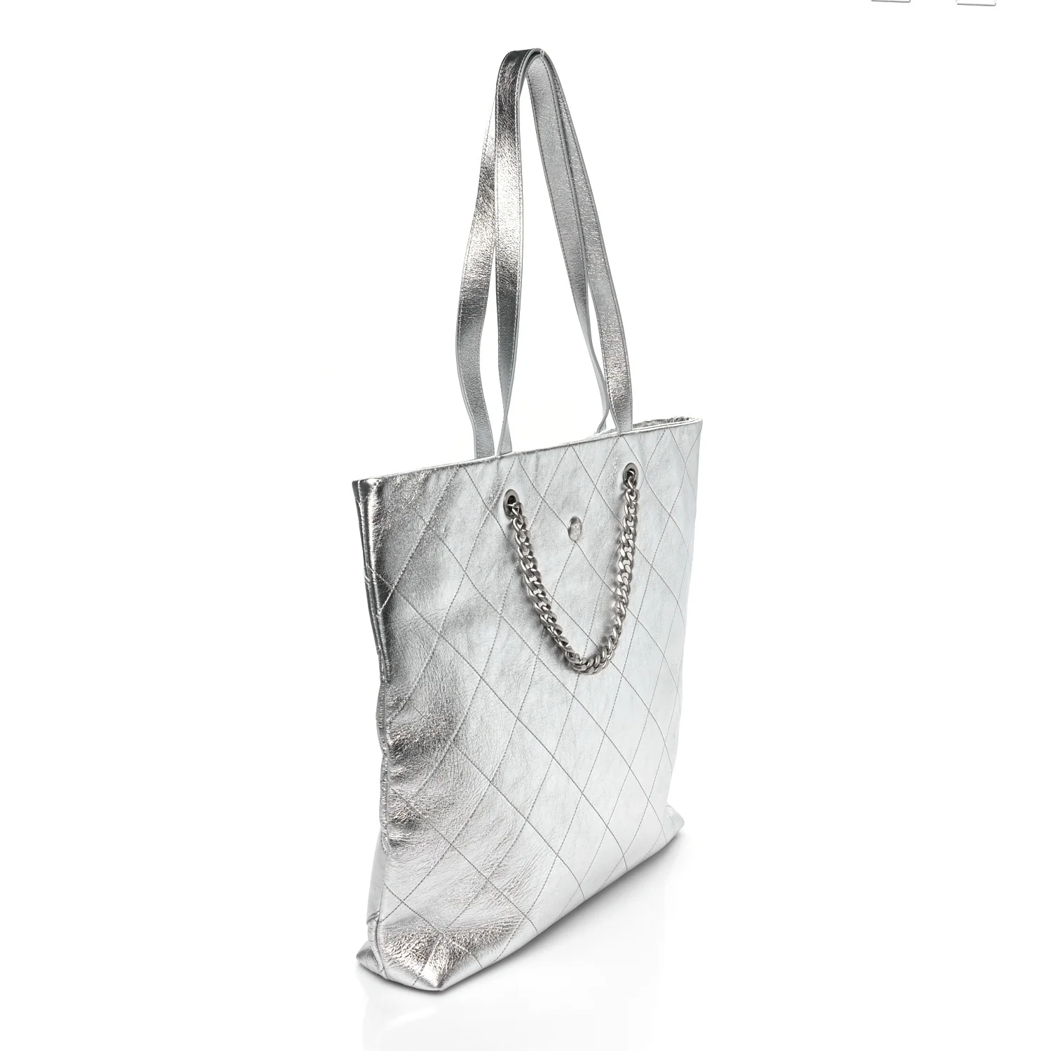Metallic Calfskin Stitched CC Shopper Tote Silvery - Top Club