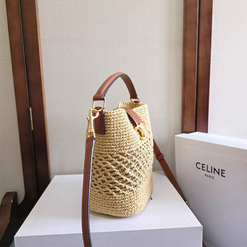 CELINE SMALL LOUISE BUCKET IN RAFFIA AND CALFSKIN(HIGH-END GRADE) - Top Club