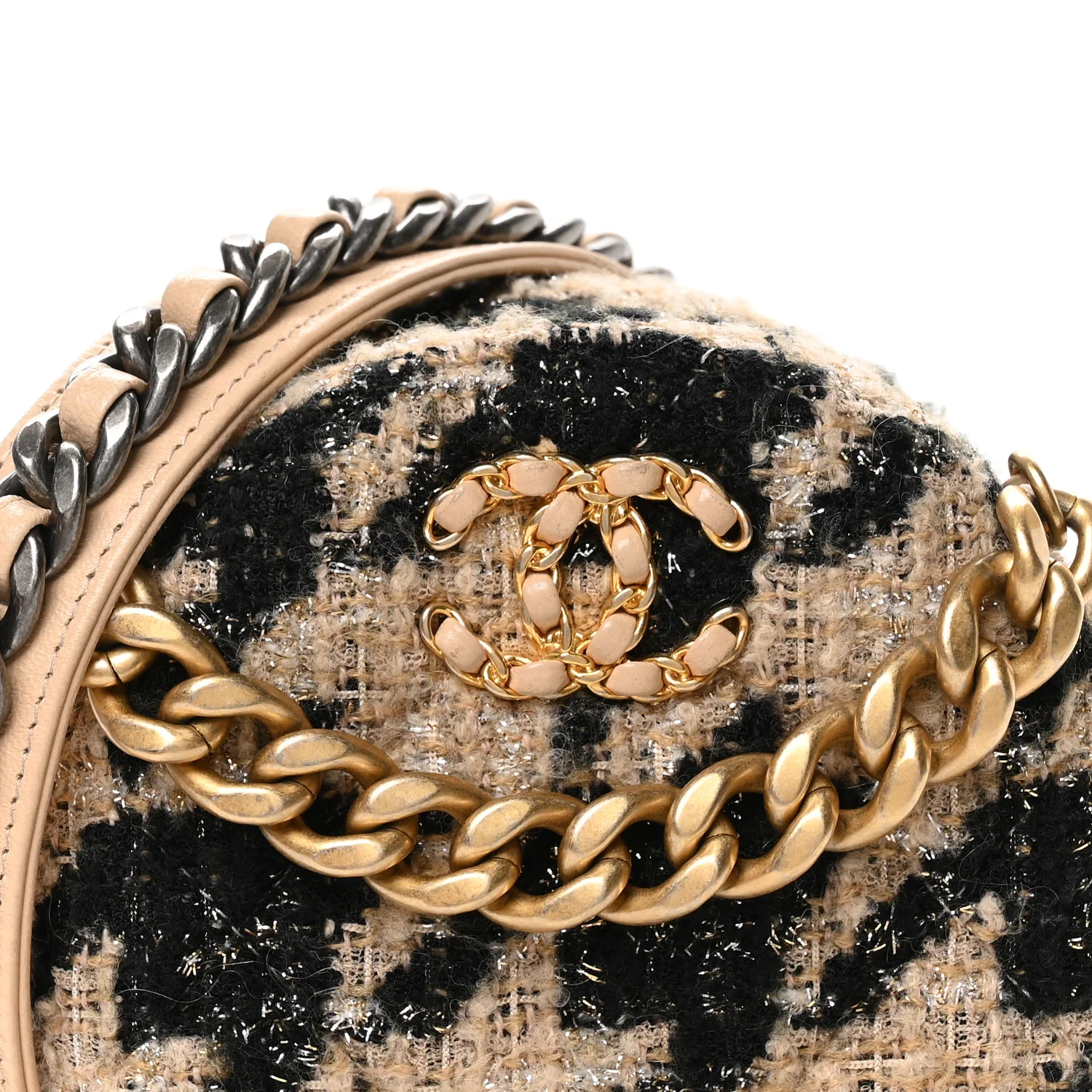 Wool Tweed Lambskin Quilted Chanel 19 Round Clutch With Chain and Coin Purse Beige Black - Top Club