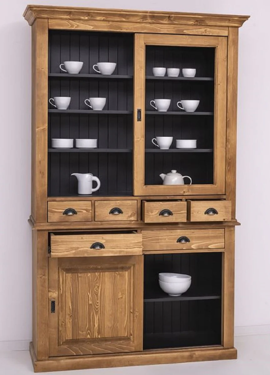 Country house style dining room cabinet brown / black 142 x 48 x H. 225 cm - solid wood kitchen cabinet - country house style dining room furniture