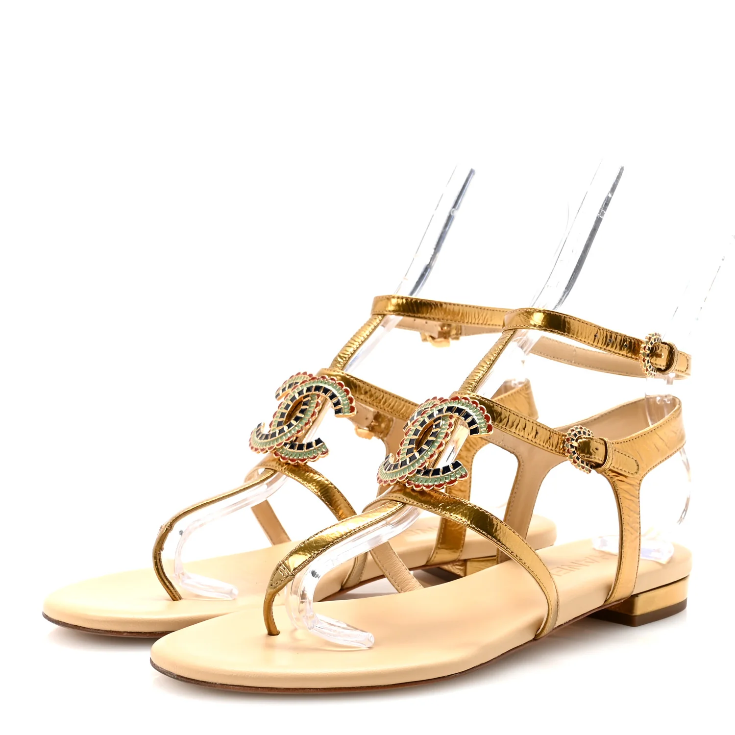 Laminated Lambskin Enamel CC Thong Sandals 38.5 Golden - Top Club